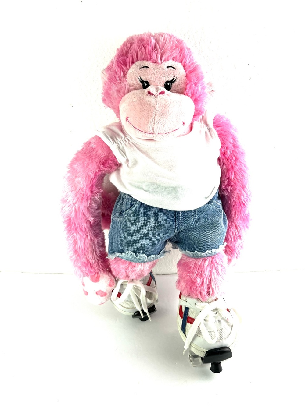 Build A Bear Pink Plush Monkey Stuffed Animal White Tee Denim Shorts Rollerskate
